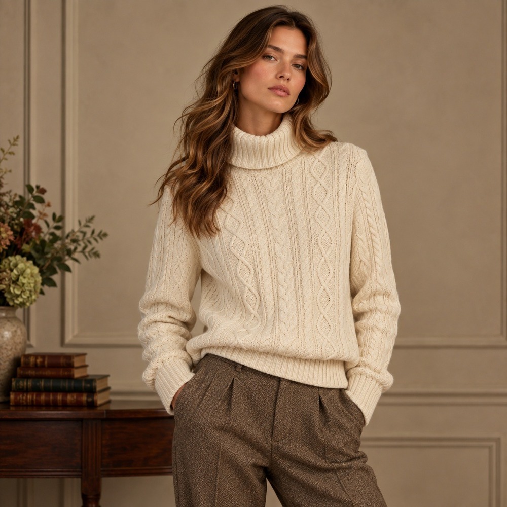 Croft & Barrow Turtleneck Women XL Cream Vintage 90s Cable Knit Cotton Fisherman